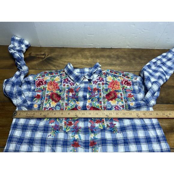 Johnny Was J3 Workshop Button Up Embroidered Floral Plaid Blouse Small - Picture 7 of 11